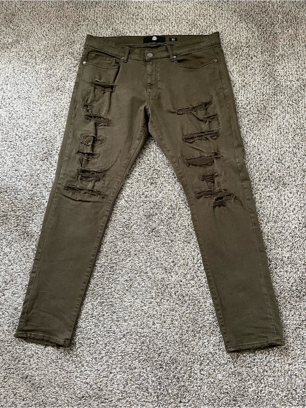 Mens Olive Army Distressed Jeans Size 38